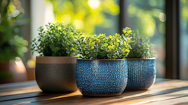 Sunlit indoor plants in decorative pots on a wooden table