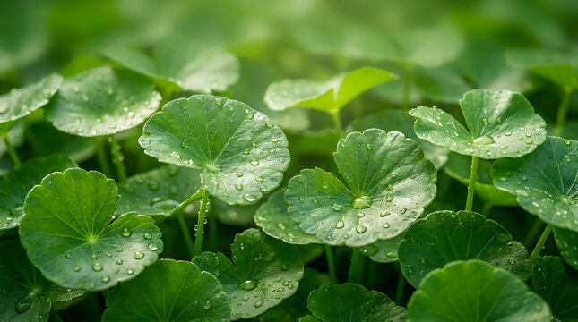 Lush Centella asiatica (gotu kola) leaves adorned with fresh morning dew drops.