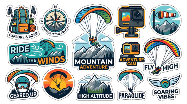 Paragliding Adventure Stickers: A vibrant collection of illustrated stickers depicting extreme sports and outdoor adventure activities, including paragliding, mountaineering, and exploration.