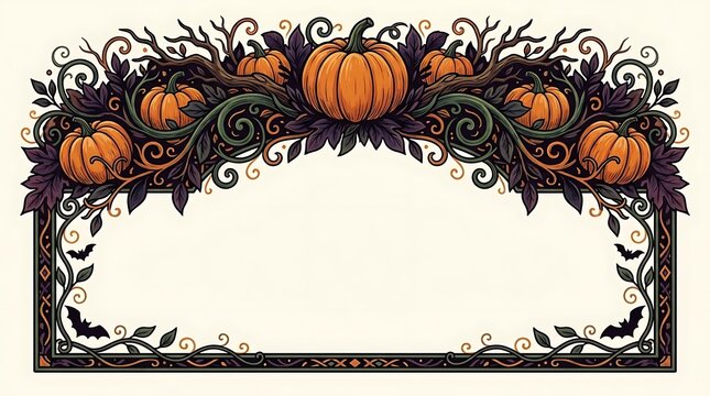 Vintage Halloween arched border with pumpkins and bats.