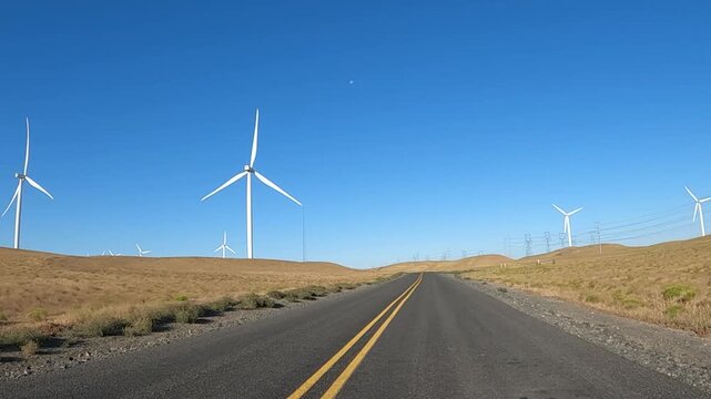 4K action camera driver's point of view of a wind farm near Arlington, Columbia River Gorge, Oregon, USA at morning light. Rotating wind turbines producing clean renewable electricity in strong winds