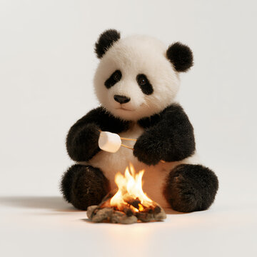 Cute panda roasting a marshmallow over a small campfire isolated on white background