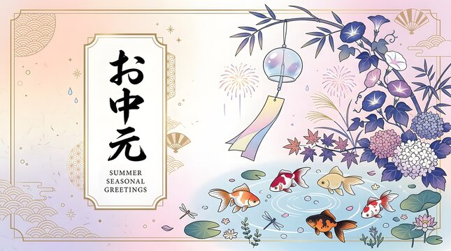 Floral ornament with koi fish and summer greetings illustration