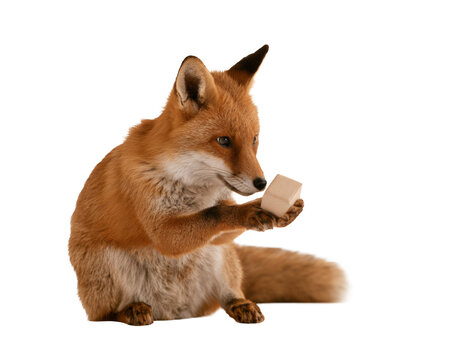 Cute red fox holding a small cardboard box isolated on white background