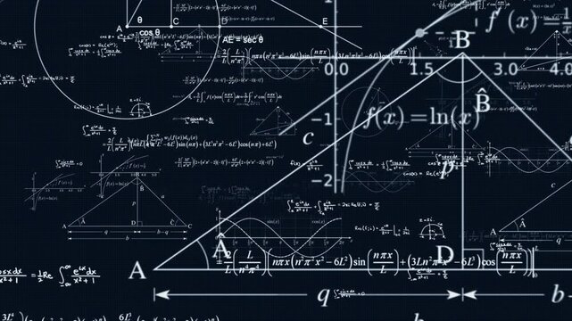 Complex Mathematical Equations With Geometric Diagrams On Dark Background
