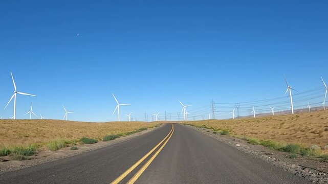 4K action camera driver's point of view of a wind farm near Arlington, Columbia River Gorge, Oregon, USA at morning light. Rotating wind turbines producing clean renewable electricity in strong winds