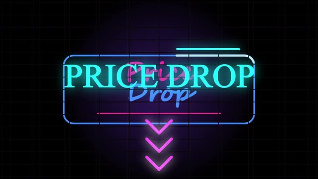 Animated neon sign with price drop text, moving arrows, and a dark brick wall background, vibrant glowing effect