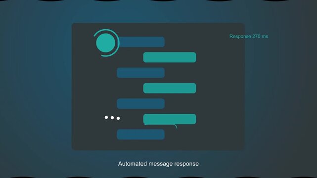 Robotic interface on laptop screen, automated customer service chat bot responding to messages, concept for AI assistance