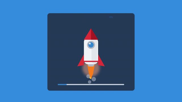 Rocket launch animation inside web browser window, successful startup, progress bar