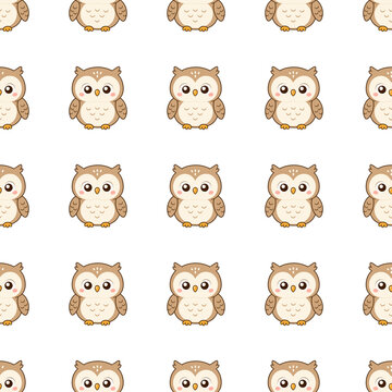 Cute cartoon owl grid seamless pattern background, happy brown bird big eyes repeating tile print
