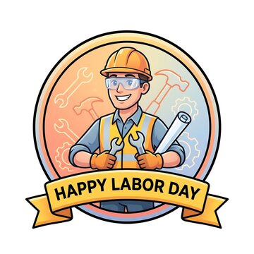 Circular badge emblem of smiling builder holding wrenches for Happy Labor Day