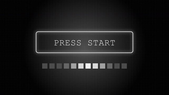 Pixelated press start animation on grid background with loading bar, retro gaming concept
