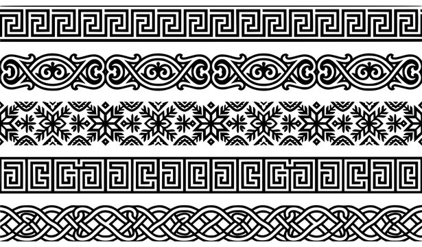 Mediterranean greek key seamless border vector collection with sharp geometric line art patterns and bold repeating wave trims