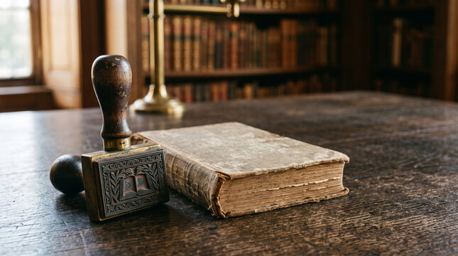 vintage book stamp with wooden handle and an old worn book on a dark wooden table in a classic library