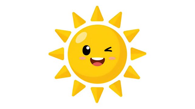 Cute cartoon sun character with happy smiling face, winking and cheerful, bright yellow and orange, animation loop