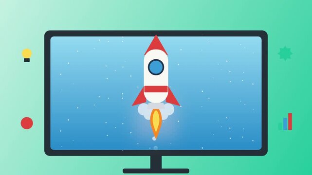 Pixel art rocket launch animation on desktop screen, motion graphic representing startup success