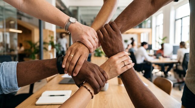 Diverse business team holding wrists in unity circle. Professional colleagues showing support and teamwork. Multiethnic group cooperation. isolated PNG with Transparent Background