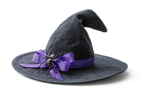 A spooky witch hat adorned with a creepy spider and a purple ribbon sits ready for Halloween, inviting a night of magic and mystery.