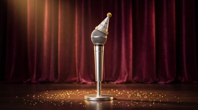 Vintage microphone with party hat on stage, stand-up comedy performance with red curtains, festive open mic night celebration isolated PNG with Transparent Background