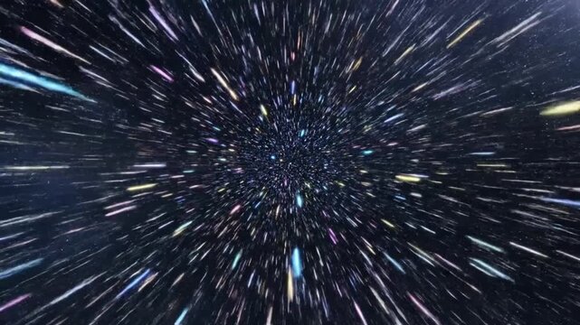 Abstract hyperspace tunnel with colorful light streaks and stars