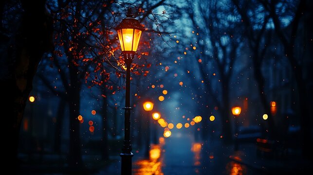 Rainy Night Street Lamp, City Park, Soft Focus, Romantic Ambiance