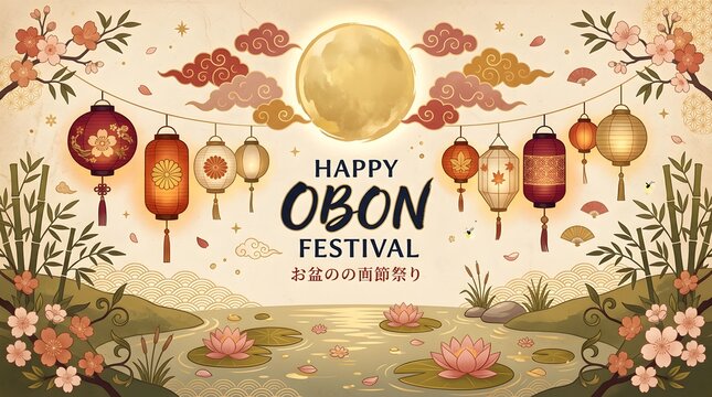 Lotus flowers and hanging lanterns depict a traditional obon festival scene