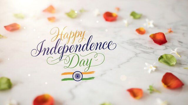 Calligraphic happy independence day typography on marble stone with scattered botanical elements including orange petals and green leaves for indian independence celebration graphics.