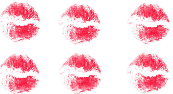 Red Kiss Lip Prints Grid Pattern on White Background | Six Vibrant Lipstick Imprints Textured Collection

