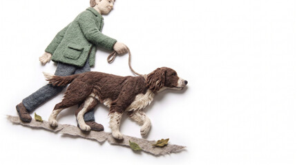 Fototapeta premium Man walking a dog on a leash in a casual outfit outdoors 