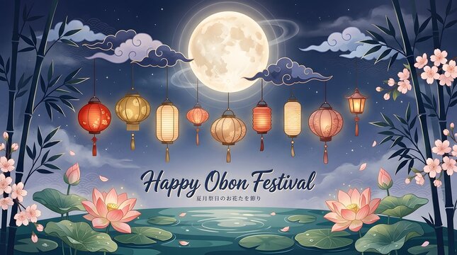Floral ornament with hanging lanterns and full moon scenic illustration