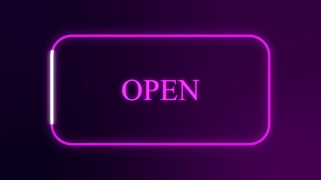 Animated neon sign open text glowing on dark brick wall background, loop