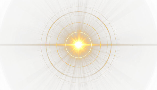 A bright golden lens flare burst with concentric halo rings expanding outward, subtle chromatic edges along the light, isolated on transparent background.
