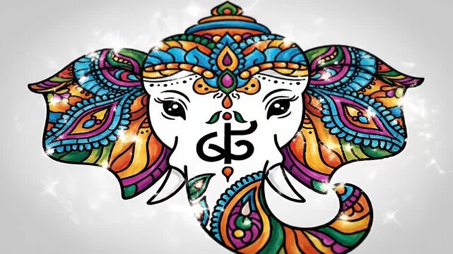 Intricate colorful elephant head illustration, ornamental traditional patterns, cultural religious symbol