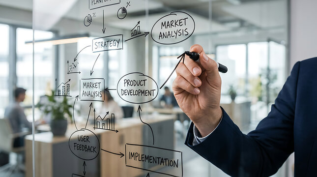 Business professional drawing a complex strategy flowchart on a glass wall in a modern office.