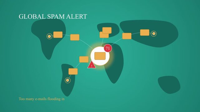 Global spam alert motion graphic animation showing email icons and world map, concept for digital communication security