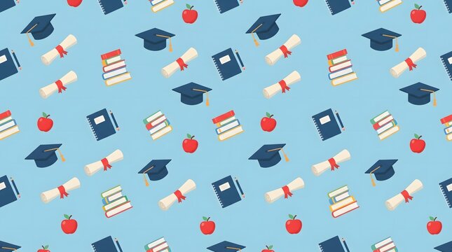 Education Graduation Pattern with Caps Diplomas Books and Apples Background