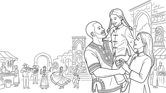 Multicultural family at cultural festival coloring page line art illustration