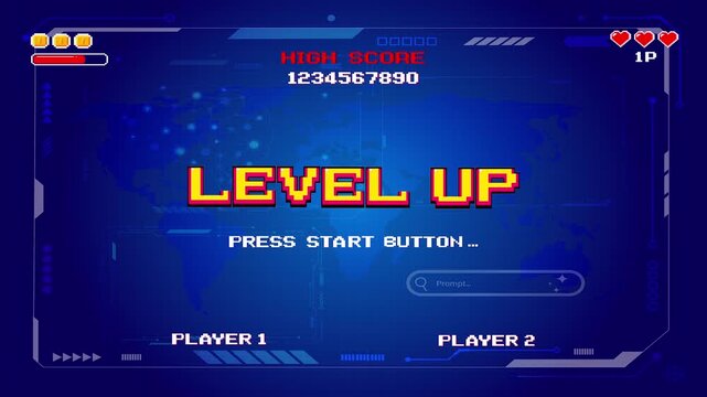 LEVEL UP icon pixel art 8 bit. Retro Futurism Sci-Fi Background. glowing neon grid and stars from vintage arcade computer games