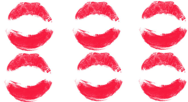 Red Lipstick Lip Print Pattern on White Background &ndash; Hand-Drawn Smudged Kiss Brush Strokes, Beauty Makeup Texture, Valentine's Day Romance Symbol

