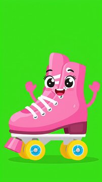 Animated pink roller skate character with happy face and outstretched arms, retro motion graphic loop