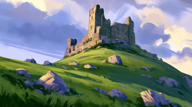 Medieval castle illustration serene landscape timeless solitude cinematic lighting vibrant green hues peaceful vista