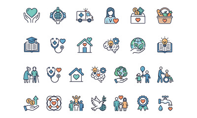 Fototapeta premium Charity donation and volunteering concept line art icon set for non profit