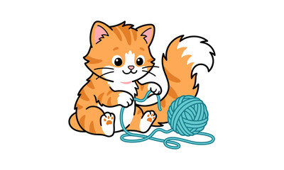 Cute orange kitten playing with a ball of blue yarn illustration, cat like