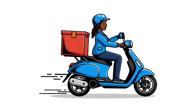 Female delivery rider on blue scooter with red thermal box, fast urban transport, e-commerce logistics, speedy service, cartoon style
