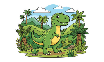 Friendly cartoon tyrannosaurus rex dinosaur character in a tropical forest setting © BD UNIK JAHID