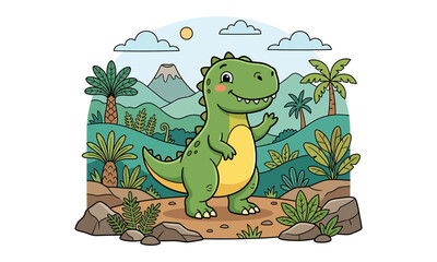 Cute cartoon tyrannosaurus rex dinosaur standing in a prehistoric jungle landscape © BD UNIK JAHID