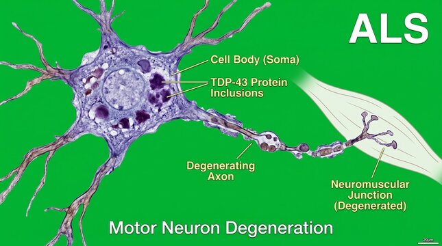 Motor neuron degeneration in ALS showing TDP-43 protein inclusions and axon damage.