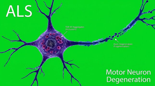 Motor neuron degeneration in ALS disease medical illustration showing nerve cell damage.