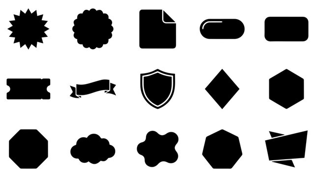 A collection of various black silhouette shapes including badges banners shields and geometric frames for labels and design elements