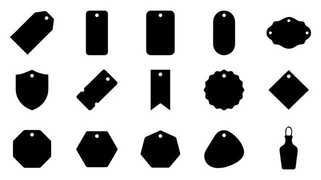 Collection of various black silhouette price tag shapes isolated on a white background for retail and product branding design